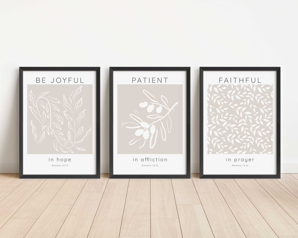 Patient in Affliction Romans 12:12 Art Prints, Neutral Tone Christian Art Trio with Biblical Verses