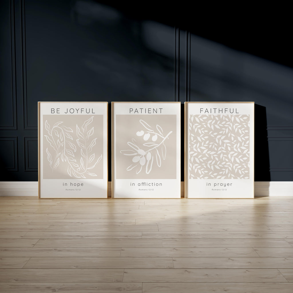 Timeless Romans 12:12 Quotes in Beige and White, Serenity Trio: Beige and White Leaf Motif Prints
