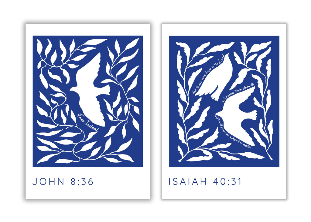 Contemporary Christian decor featuring Isaiah 40:31 and John 8:36, Elegant Bible verse prints for modern homes – Birds on blue back