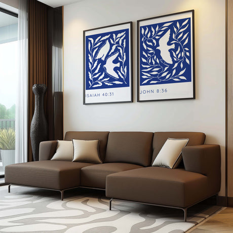 Christian wall art set with two inspiring prints: "Wings Like Eagles" and "Free Indeed", perfect for home or office decor.