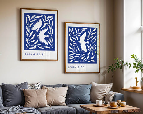 Modern Scripture wall art set with soaring bird illustrations and uplifting verses: “They will soar on wings like eagles” and “Free Indeed.”