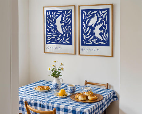 Contemporary Bible verse prints with a serene abstract design and white bird motifs, symbolising strength and freedom through faith.