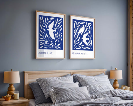 Abstract Christian art print set featuring white birds on a blue botanical background with Bible verses from Isaiah 40:31 and John 8:36.