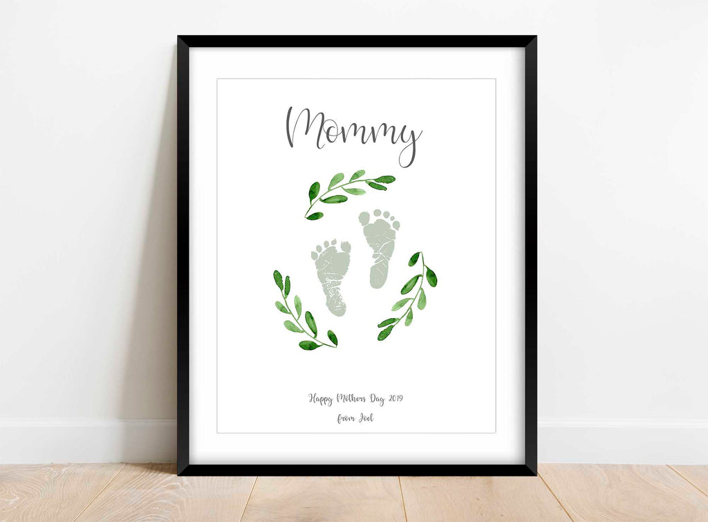 Personalized baby footprint print with "mummy" heading, Custom baby footprint art for mommy with personalized text