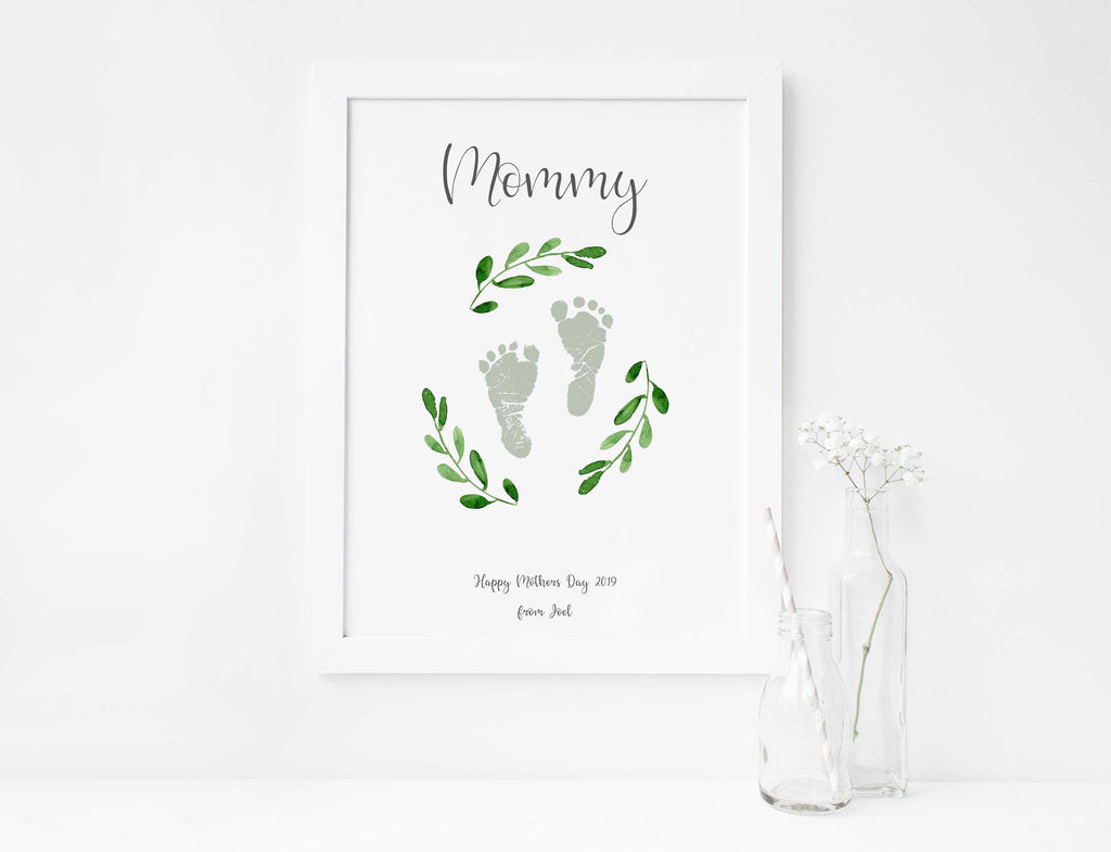 Baby footprint keepsake print with customizable text for mom, Unique baby footprint art with choice of colors and "mummy" heading