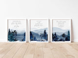 Mountain Bible Verse Print Set of 3, Comforting Scripture Wall Art, Tranquil blue mountain scripture prints, bible verses