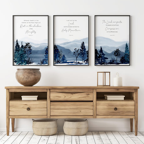 Christian wall art triptych featuring Psalms and Isaiah verses with serene mountain and tree design.