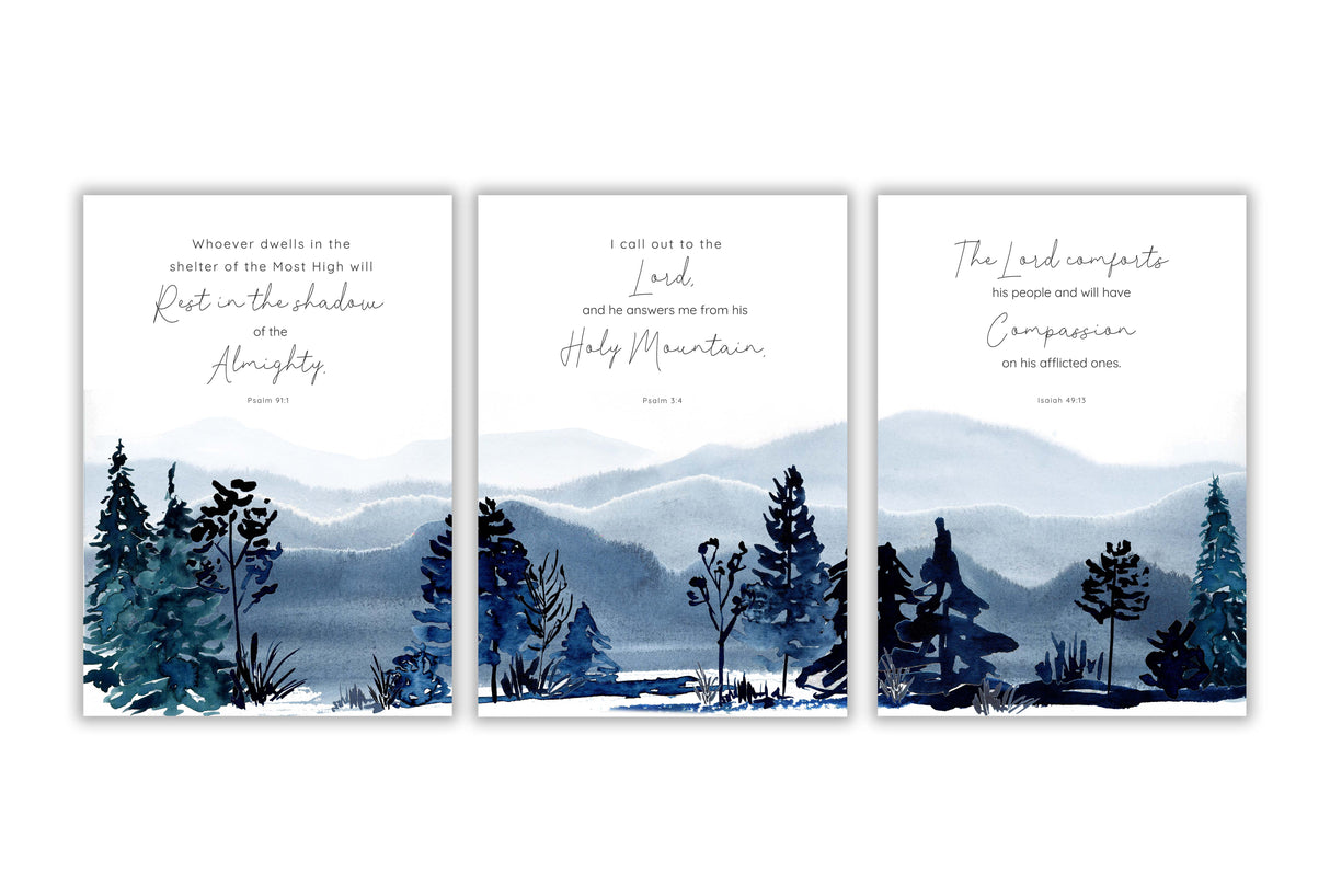 Watercolour mountain Bible verse set, Inspirational scripture wall art collection, Serene landscape scripture prints