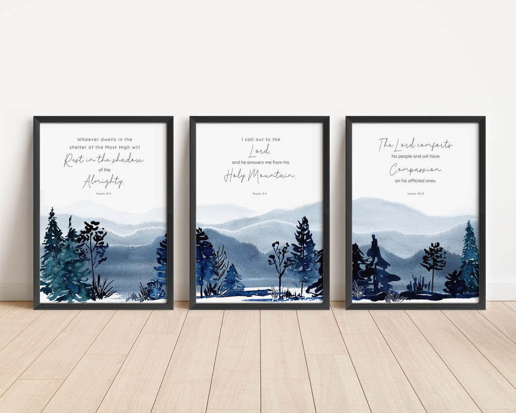 Tranquility-inducing scripture prints set, Inspirational scripture decor with mountain vistas, Encouraging scripture prints