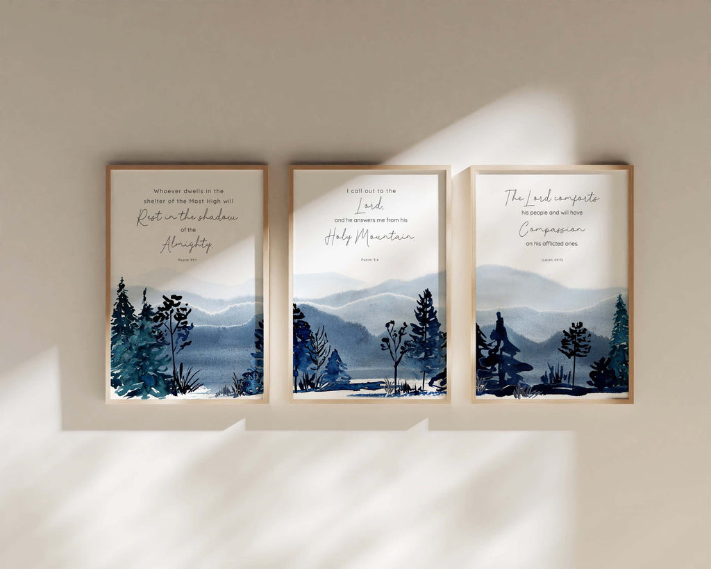 Encouraging scripture prints for gift giving, Spiritual watercolour mountain landscape prints, mountain scripture prints