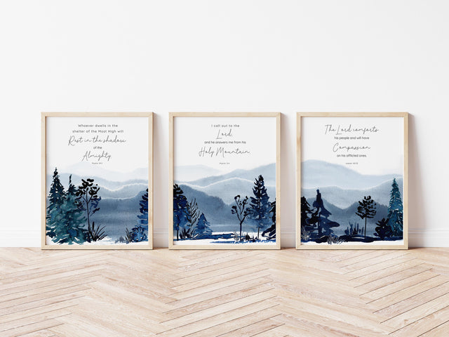 Mountain Bible Verse Print Set of 3, Comforting Scripture Wall Art, Tranquil blue mountain scripture prints, bible verses