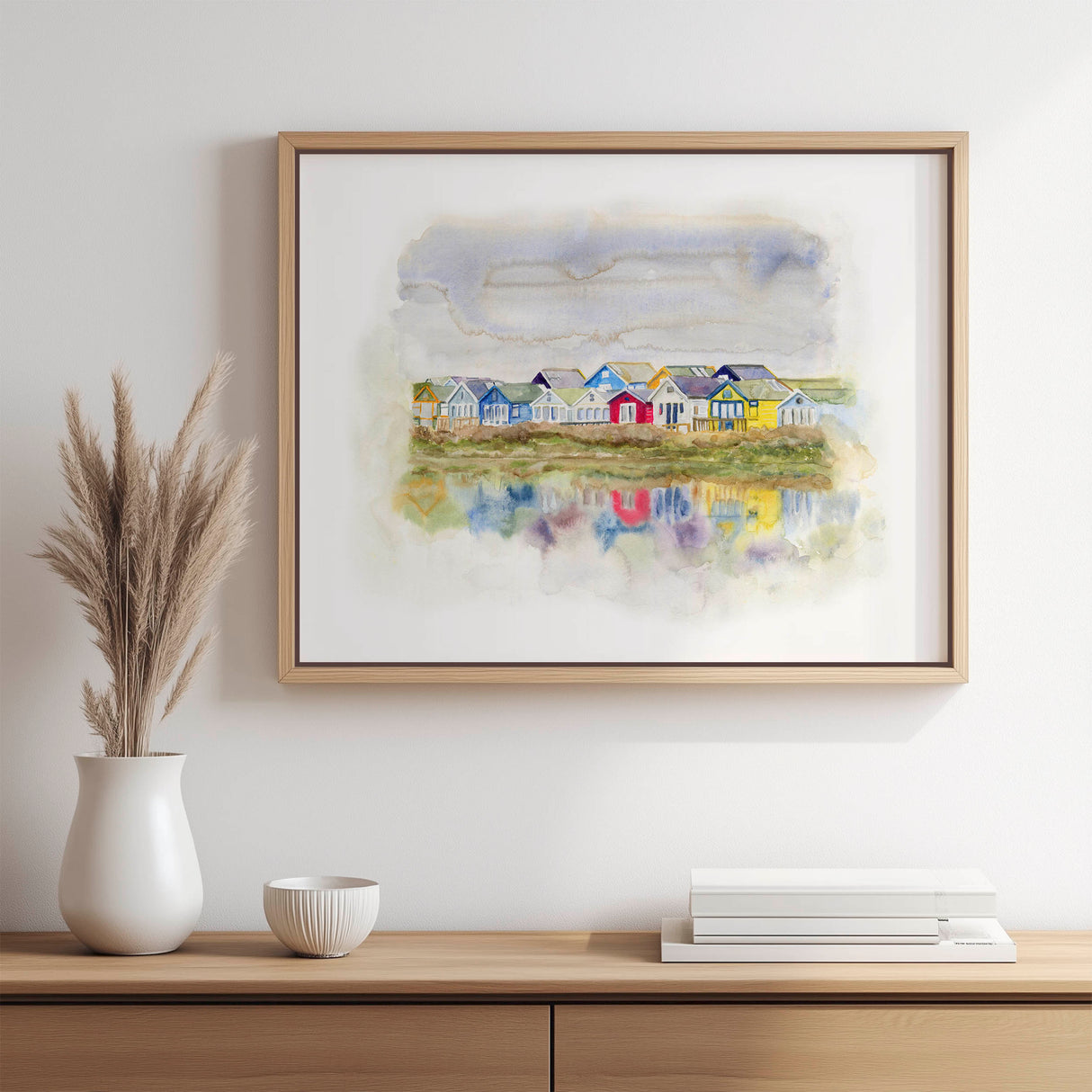 'Beach Huts 1' - Loose expressive watercolour beach huts print in vibrant greens, yellows and blues — colourful Dorset prints and seaside home decor for coastal interiors, by Crafty Cow Design.