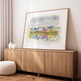 'Beach Huts 1' - Watercolour beach huts coastal wall art of the famous Mudeford Spit beach huts, Dorset — colourful seascape painting with soft dreamy reflections, by Crafty Cow Design.