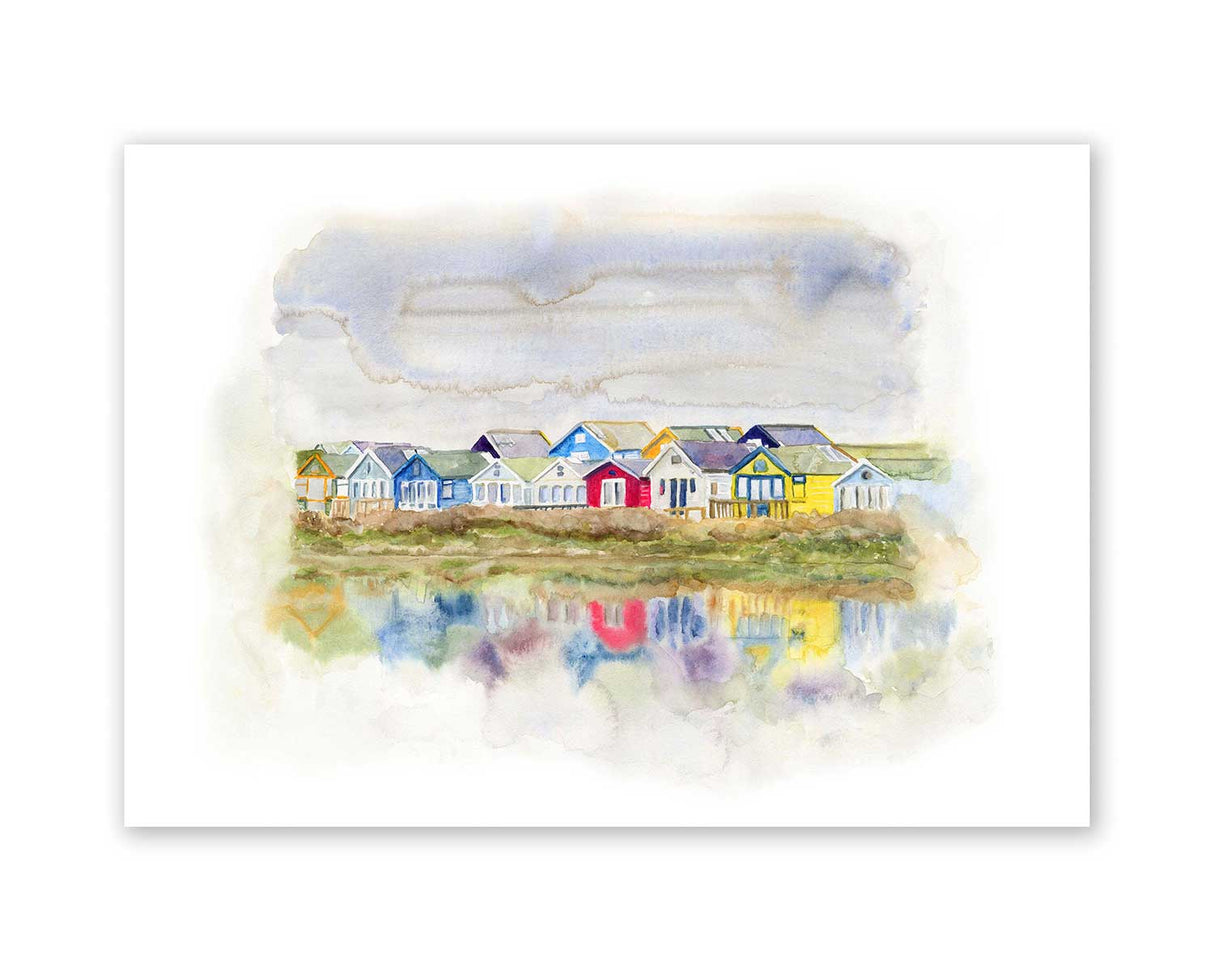 'Beach Huts 1' - Watercolour Beach Huts Colourful Print, Coastal Wall Art, Mudeford Seascape Painting Dorset Prints, Seaside Home Decor