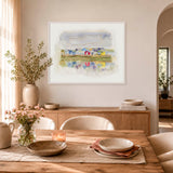 'Beach Huts 1' - Colourful watercolour beach huts print of Mudeford Spit, Dorset — loose expressive seascape painting with vibrant reflections in the water, by Crafty Cow Design.