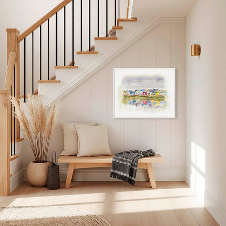 'Beach Huts 1' - Dorset prints featuring the iconic Mudeford beach huts in loose watercolour — colourful coastal wall art and seaside home decor in green, yellow, blue and red, by Crafty Cow Design.
