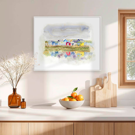 'Beach Huts 1' - A colourful watercolour beach huts seascape painting of Mudeford Spit — Dorset prints and coastal wall art with dreamy reflections in soft watercolour tones, by Crafty Cow Design.