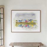 'Beach Huts 1' - Dorset beach hut print on colourful canvas — seascape painting of Mudeford Spit beach huts with shimmering reflections, coastal home decor and seaside wall art, by Crafty Cow Design.