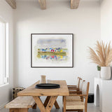 'Beach Huts 1' - A vibrant colourful canvas seascape painting of Mudeford Spit — beach hut print and seaside wall art with real depth and coastal warmth, by Crafty Cow Design.