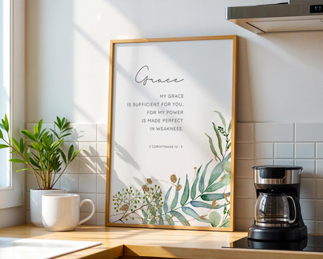 Neutral-toned scripture print with elegant lettering and floral accents.