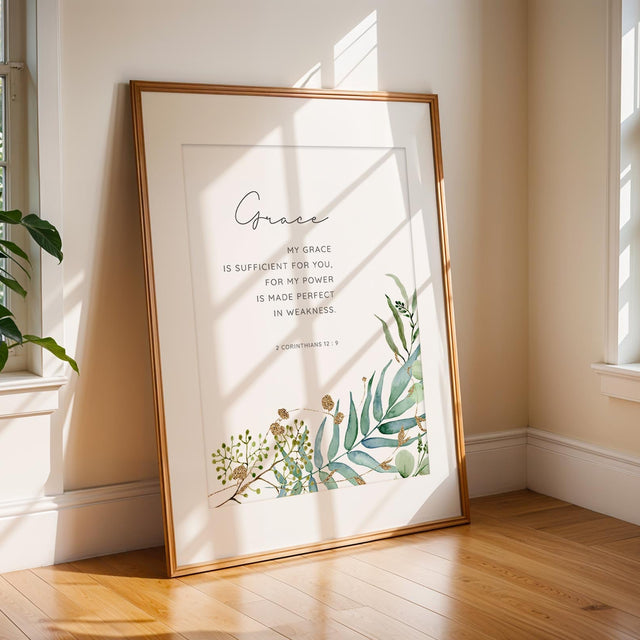 Christian wall art print featuring 2 Corinthians 12:9 with watercolour flowers and leaves.