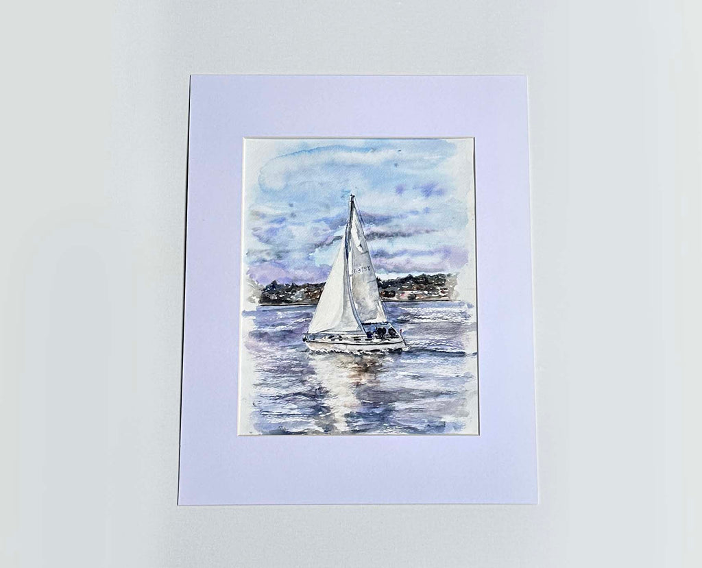 Yacht Painting Mounted Original, Watercolour Sailing Painting Gift, Original watercolour painting yacht sailing Poole Bay
