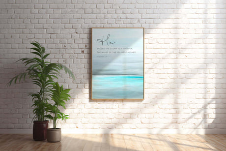 Bible verse ocean print with turquoise water and spiritual quote: “The waves of the sea were hushed.”
