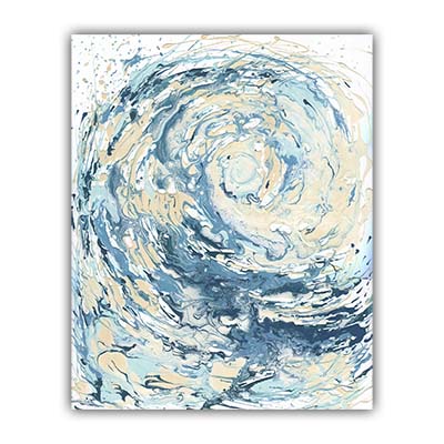 'Wave I' - A swirling fluid acrylic blue wave wall art print in soft blue, deep navy and sandy cream — crashing wave art and ocean artwork for coastal decor bedroom ideas, by Crafty Cow Design.