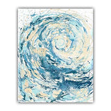 'Wave I' - A swirling fluid acrylic blue wave wall art print in soft blue, deep navy and sandy cream — crashing wave art and ocean artwork for coastal decor bedroom ideas, by Crafty Cow Design.