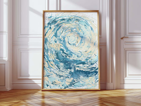 'Wave I' coastal abstract wall art, capturing the beauty and energy of the sea in dynamic blue tones.