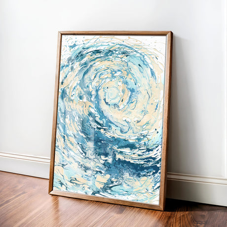 'Wave I' sea wave print, featuring bold abstract brushwork in vibrant coastal blues and ocean-inspired tones.
