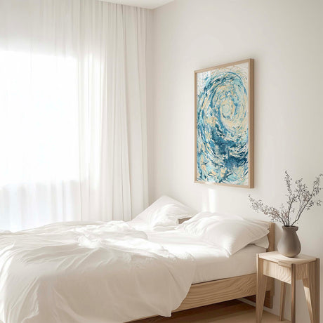 Abstract Ocean Wave Wall Art Print 'Wave I' in bold blue hues, inspired by crashing waves and coastal beauty.