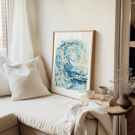 Vibrant abstract sea wave print 'Wave I' in rich blues and whites, perfect for coastal-inspired home decor.