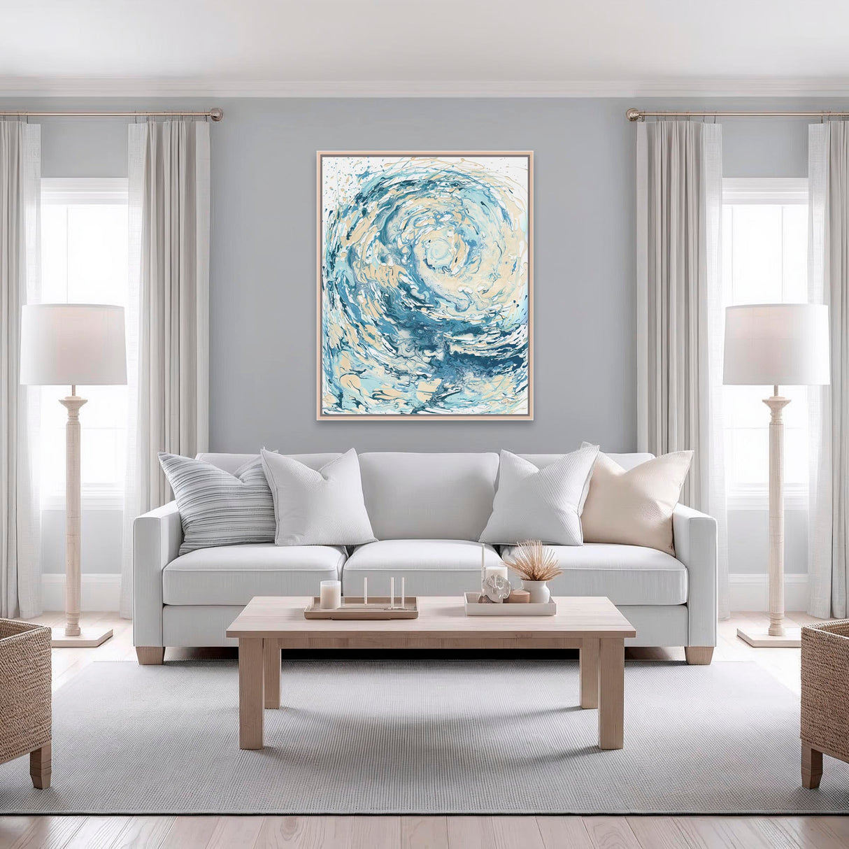 'Wave I' - Blue sea print on canvas in swirling turquoise and deep navy fluid acrylic — abstract ocean art and blue wave canvas print for coastal living and contemporary coastal homes, by Crafty Cow Design.