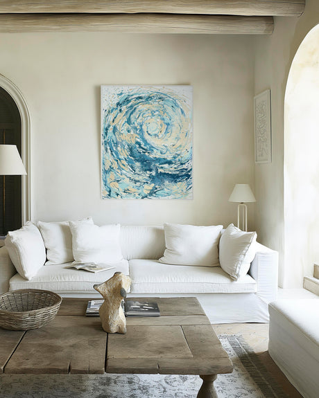 'Wave I' - Abstract ocean art in swirling teal, turquoise and sandy cream on canvas — blue wave canvas print and blue sea print for coastal decor living room wall art, by Crafty Cow Design.