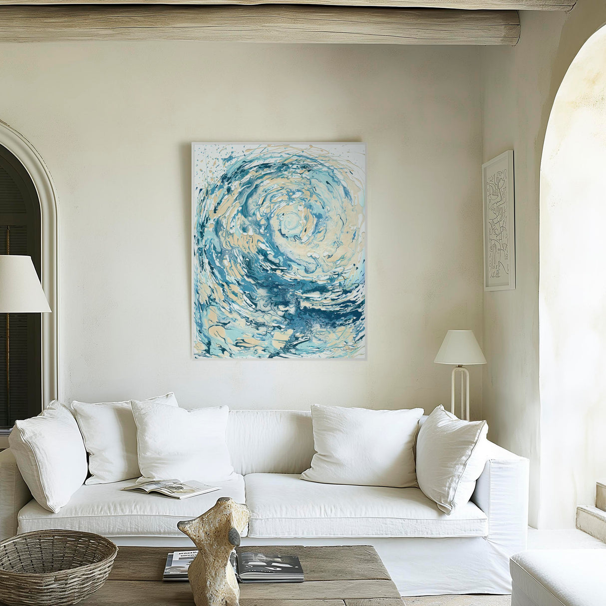 'Wave I' - A dynamic blue wave canvas print in fluid acrylic — abstract ocean art in turquoise, teal and deep navy for coastal living and coastal decor living room wall art, by Crafty Cow Design.