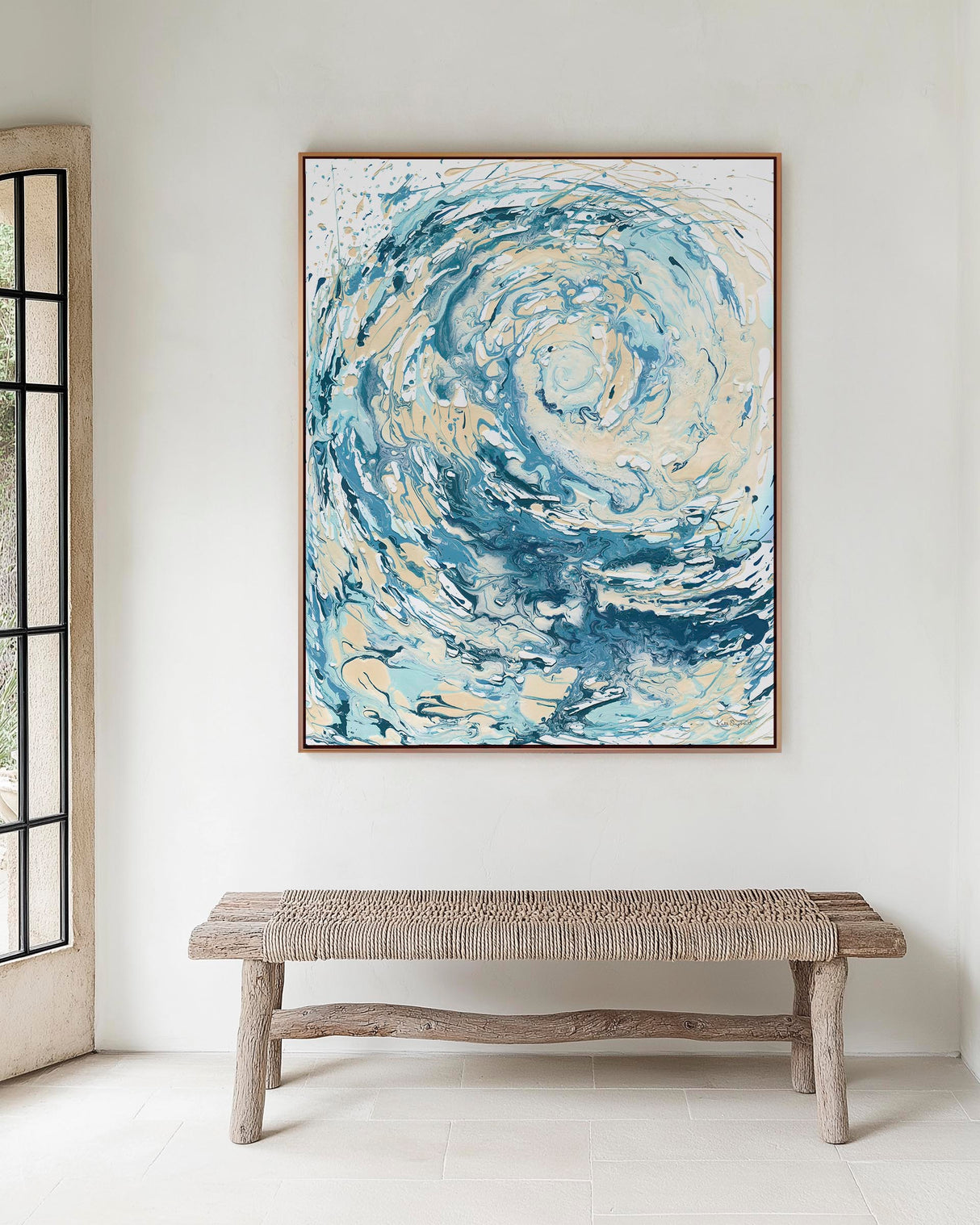 'Wave I' - Blue sea print canvas print in swirling turquoise and deep navy — abstract ocean art and blue wave canvas print for coastal decor living room and beach house home decor, by Crafty Cow Design.