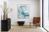 'Wave I' - A stunning blue wave canvas print in swirling fluid acrylic — abstract ocean art in turquoise and deep navy for coastal decor living room wall art and modern interiors, by Crafty Cow Design.
