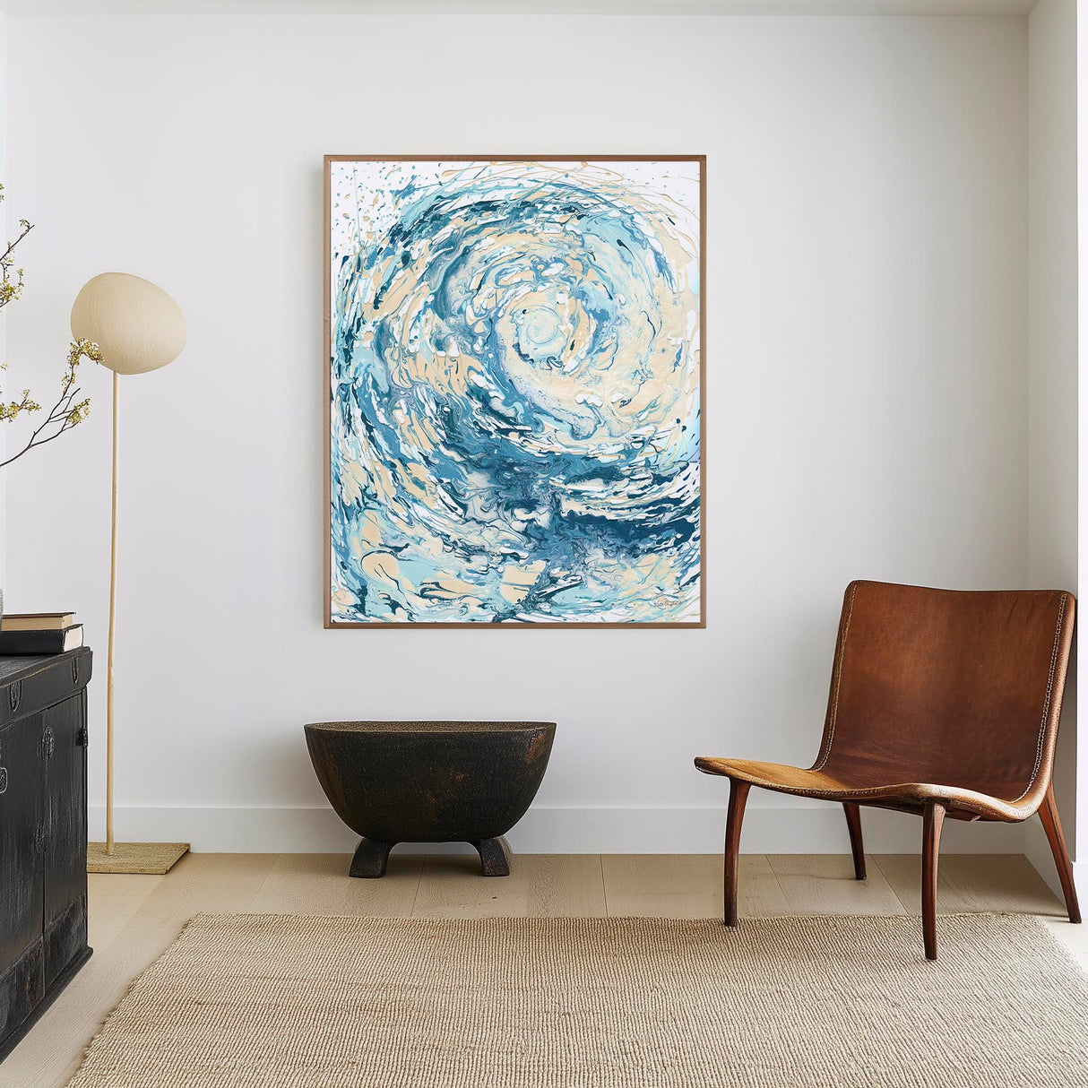 'Wave I' - Blue sea print on canvas in dynamic teal, turquoise and sandy cream — abstract ocean art and blue wave canvas print for coastal living and contemporary coastal homes, by Crafty Cow Design.