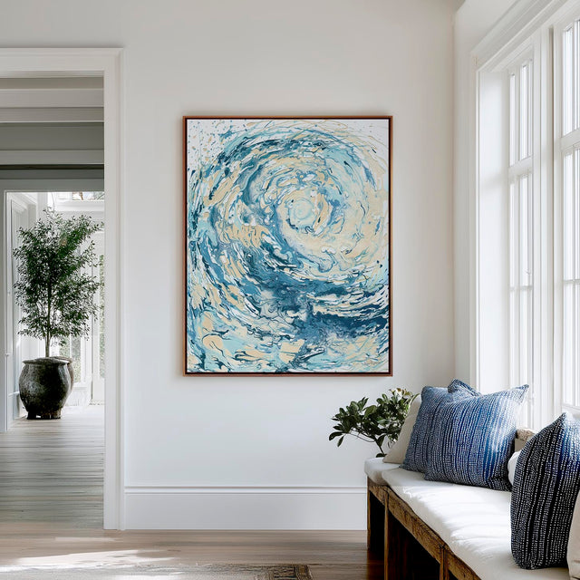 'Wave I' - A stunning blue wave canvas print in fluid acrylic — abstract ocean art in swirling turquoise and deep navy for coastal decor living room wall art and modern coastal interiors, by Crafty Cow Design.