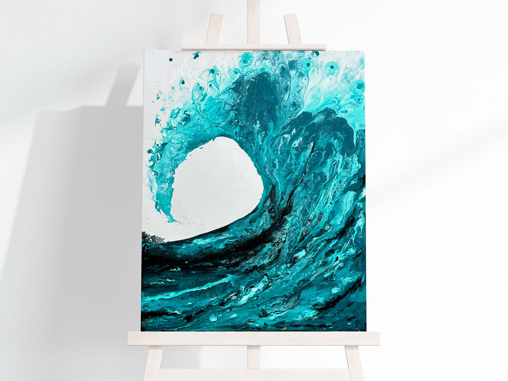 Original acrylic ocean wave artwork in turquoise, Large ocean wave canvas painting in blues and blacks, ocean wave art