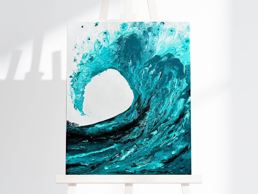 Contemporary ocean wave art in turquoise hues, Unique ocean wave canvas art for home decorm, Abstract seascape painting