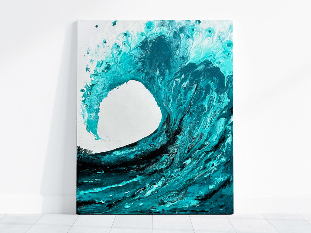 Acrylic ocean wave artwork on canvas for sale, Modern ocean wave painting in blues and whites, Vivid turquoise ocean wave painting