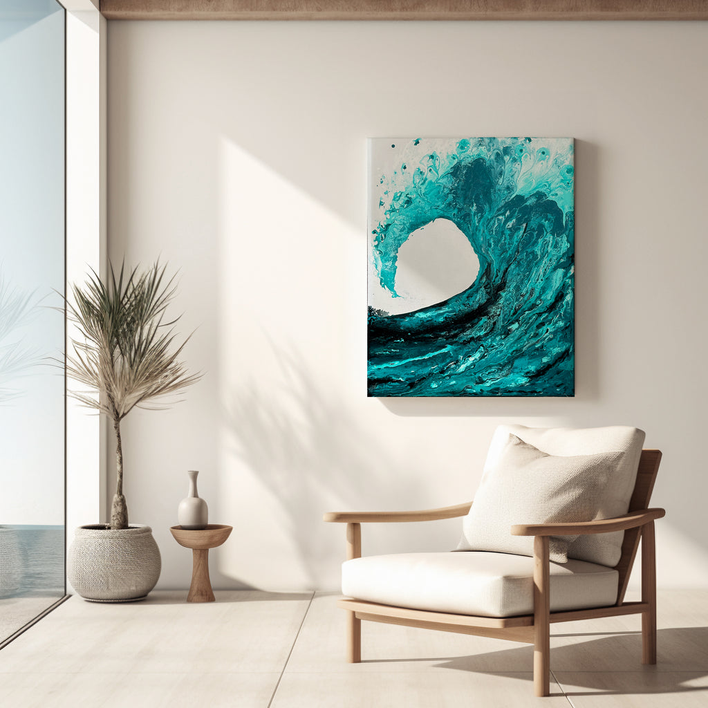 Turquoise and black ocean wave art on canvas, Large abstract ocean wave wall art in turquoise, Bold acrylic ocean wave artwork