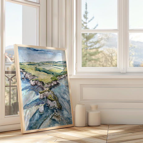 Blue and green landscape print of English seaside