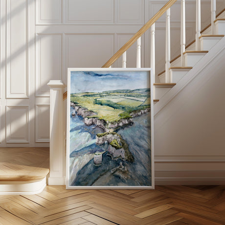 Aerial view in watercolour print format of Old Harry