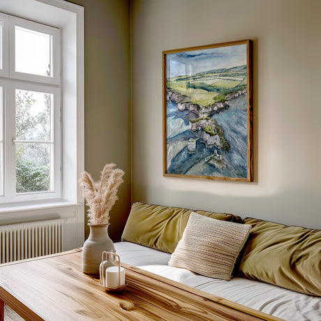 Print of coastal artwork with cliffs and sea from above