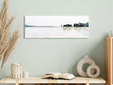 Oil painting of Old Harry Rocks in indigo and burnt umber tones with gold highlights and shimmering sea.