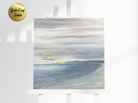 Unique seascape painting of the Dorset coastline in soft grey and warm yellow tones.