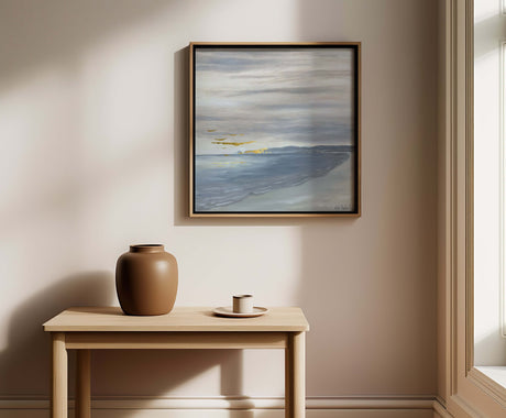 Stunning grey and lemon yellow oil painting of Old Harry Rocks with gold details.